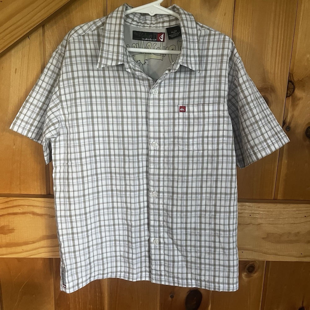 Quiksilver Button Up Shirt Brown‎ Grey White Plaid Short Sleeve Kids XL 14/16